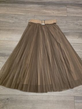 Vintage Brown Pleated Tulle Mesh Overlay Maxi Skirt with Belt - Size XS